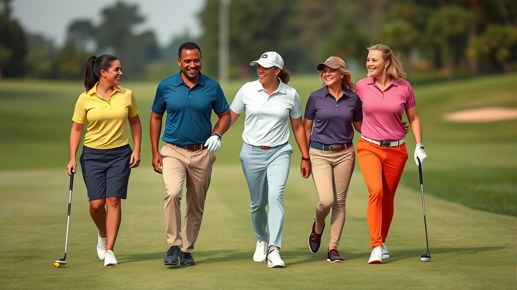 A diverse group of four golfers walking together on a fairway, smiling and engaged, representing inclusive golf community and positive playing partnerships