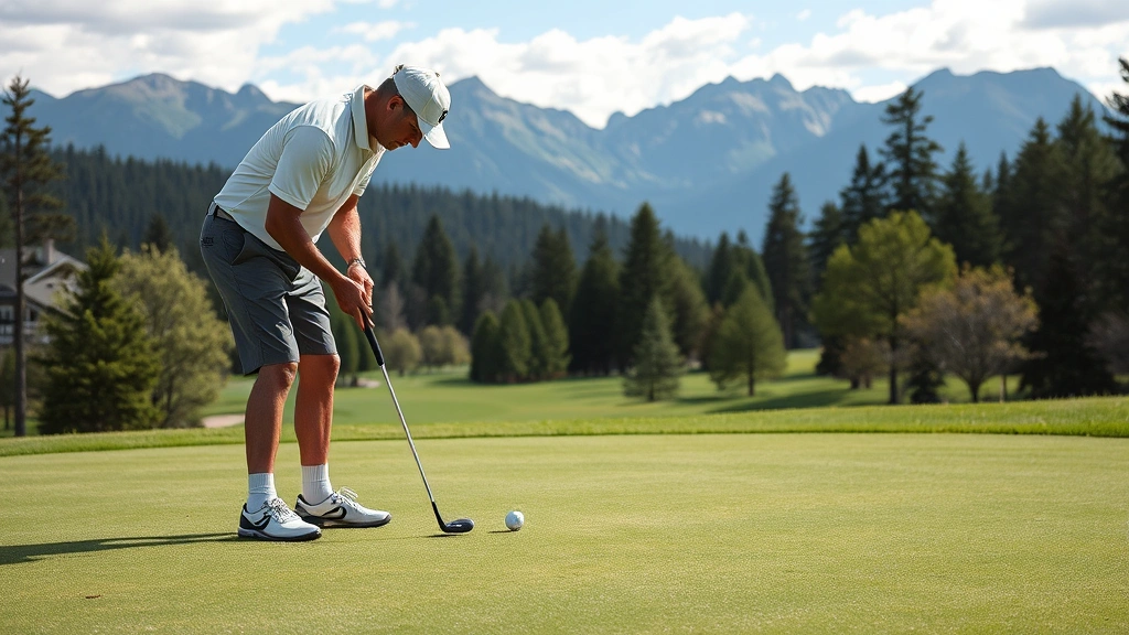 Golfer reading green and preparing to putt on a scenic mountain golf course, bent over studying slope, focused concentration, beautiful course backdrop with trees and mountains, professional putting stance
