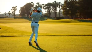 Professional golfer in mid-swing on well-maintained fairway, perfect form and posture, morning sunlight on lush green course with trees in background, photorealistic