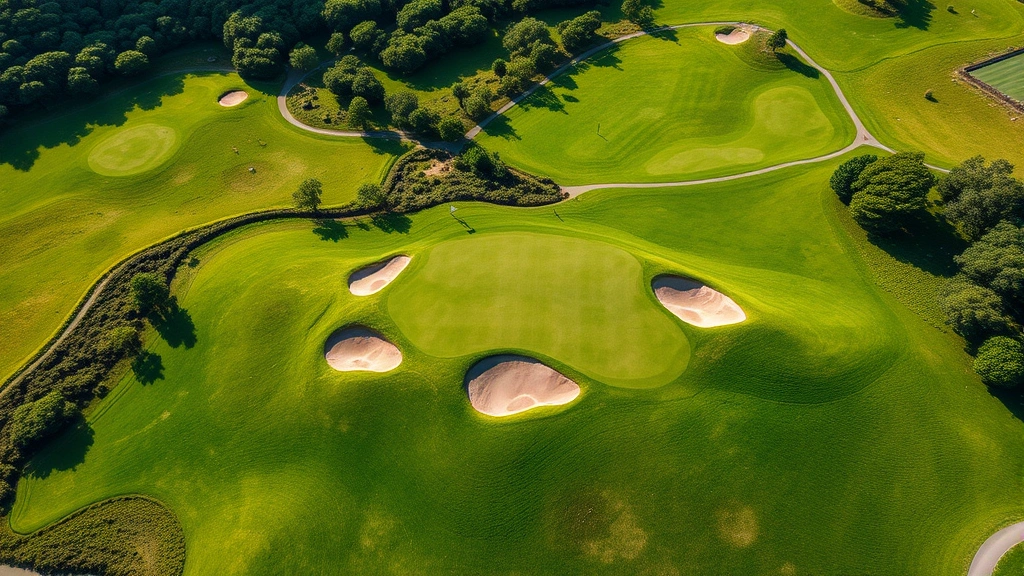Aerial view of a well-maintained golf course with manicured fairways, strategic bunkers, and lush green landscapes under natural daylight