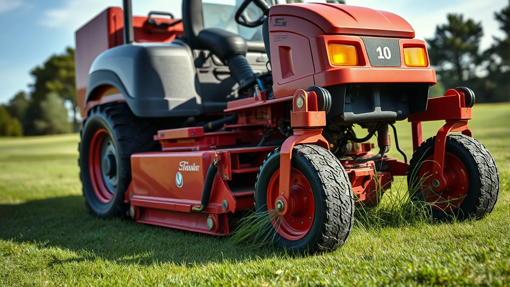 Close-up of professional golf course maintenance equipment working on fairway turf, showing precision groundskeeping and grass care