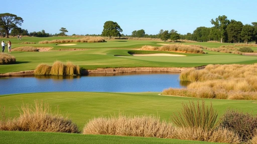 Scenic golf course hole featuring water hazard, sand bunkers, and natural vegetation with players enjoying the course in background