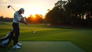 Professional golfer demonstrating proper grip and stance on practice range at sunrise, showing correct posture and alignment fundamentals with natural lighting