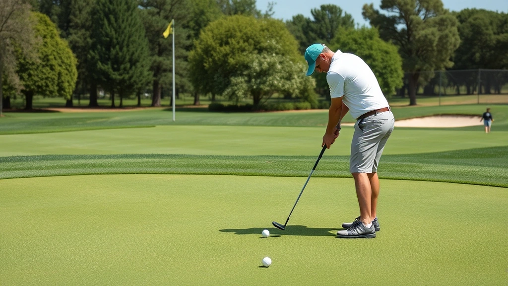 Golfer practicing short-game shots near practice green, multiple balls scattered showing deliberate practice drill work