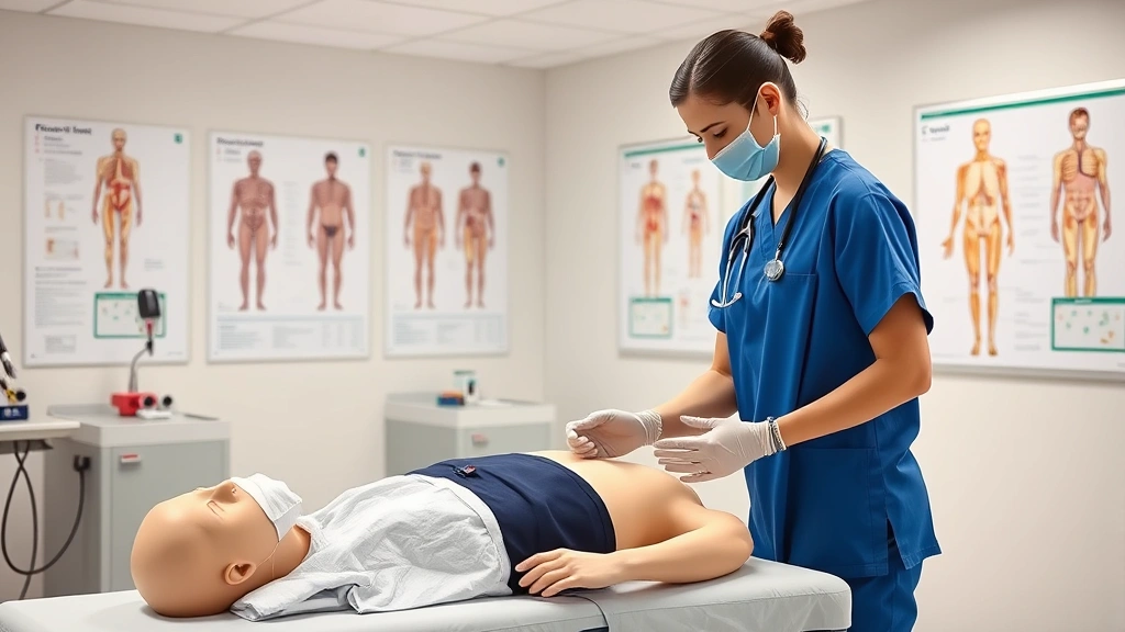 Healthcare student in scrubs practicing patient care techniques on a medical training manikin in a bright clinical skills laboratory, with anatomical charts visible in background