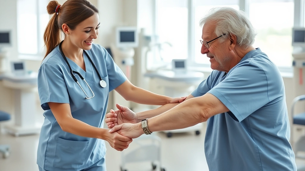 Clinical nursing assistant in light blue scrubs assisting an elderly patient with mobility exercises in a bright hospital room with medical equipment visible in background