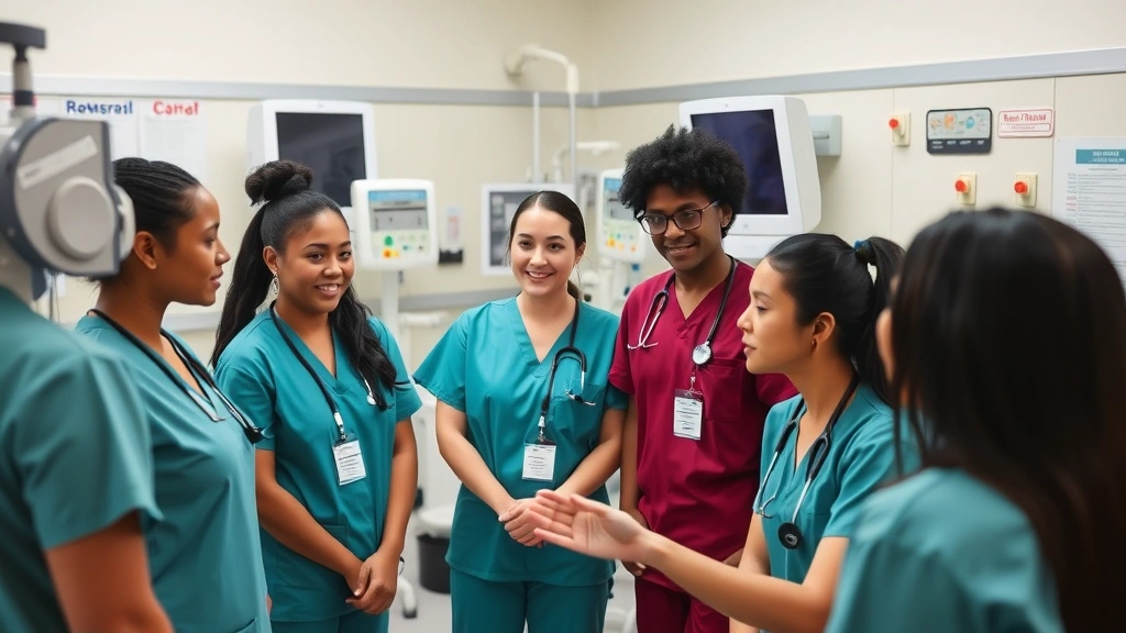 Diverse group of nursing students wearing clinical uniforms learning vital signs monitoring from an experienced instructor in a hospital training room with medical equipment