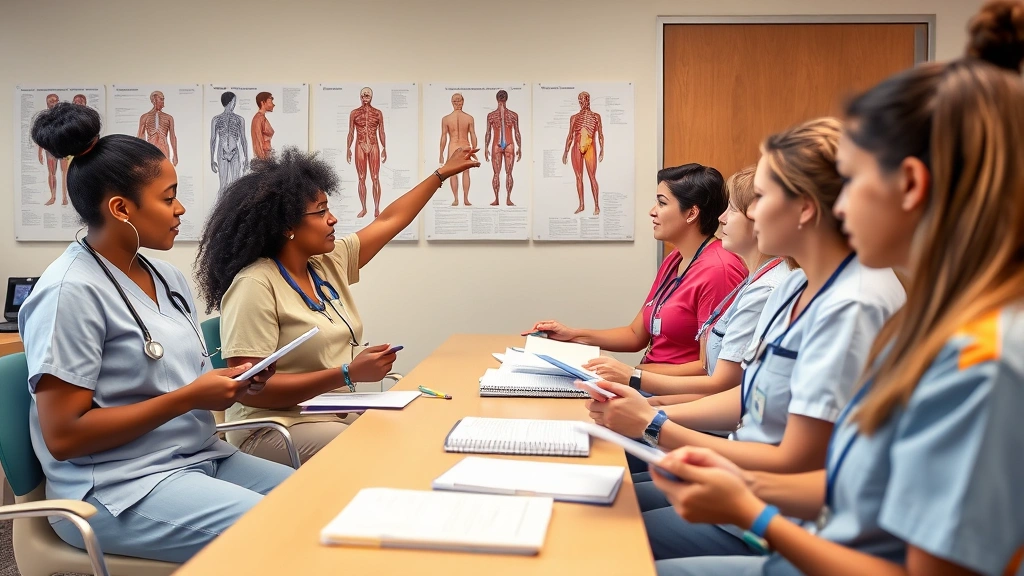 Diverse group of CNA students in classroom setting taking notes during healthcare instruction, with instructor pointing at anatomical charts on wall