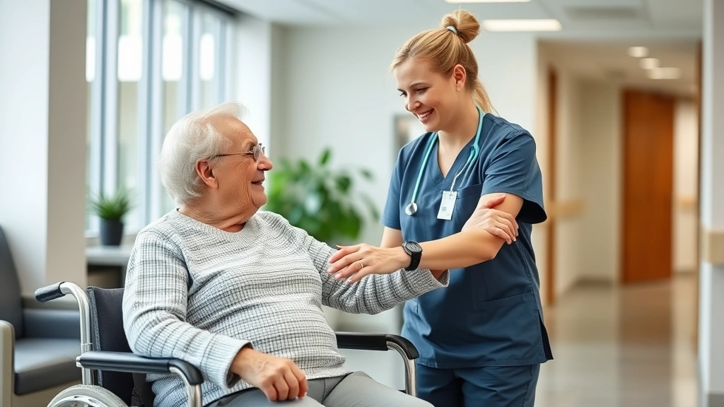 Certified nursing assistant assisting an elderly patient with mobility exercises in a modern healthcare facility, demonstrating compassionate patient care and hands-on skills