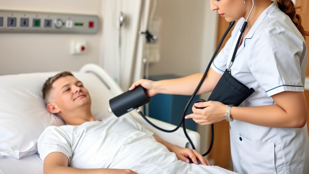 Nursing assistant checking vital signs of patient in hospital bed using blood pressure cuff and stethoscope, demonstrating hands-on clinical care skills