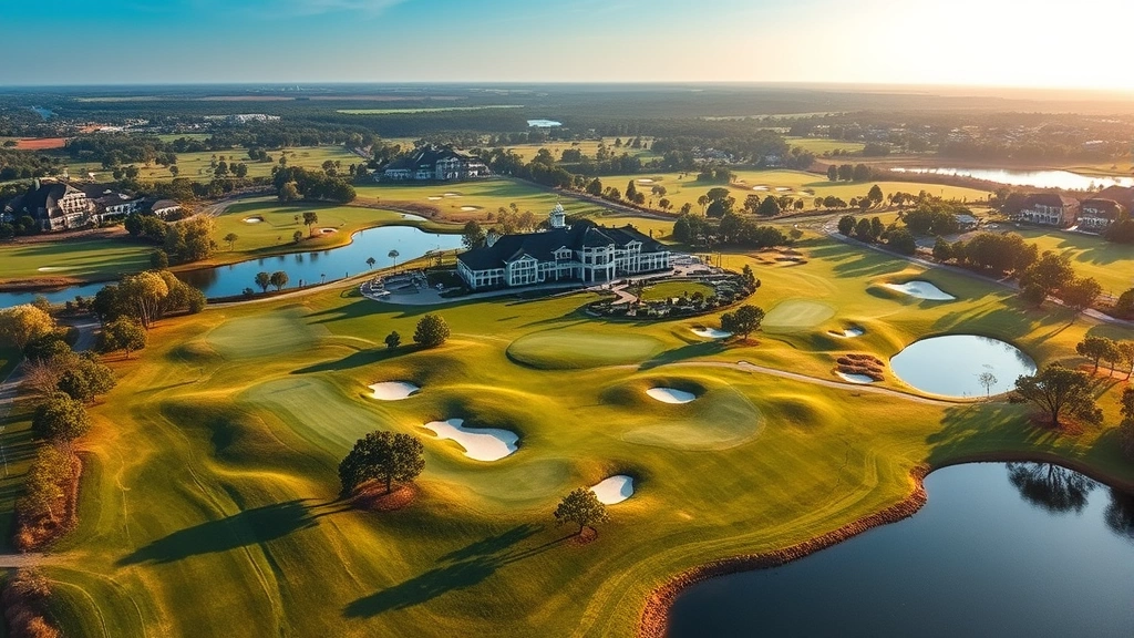 Aerial view of sprawling luxury golf course with manicured fairways, pristine greens, and elegant clubhouse in morning sunlight, surrounded by mature trees and water features
