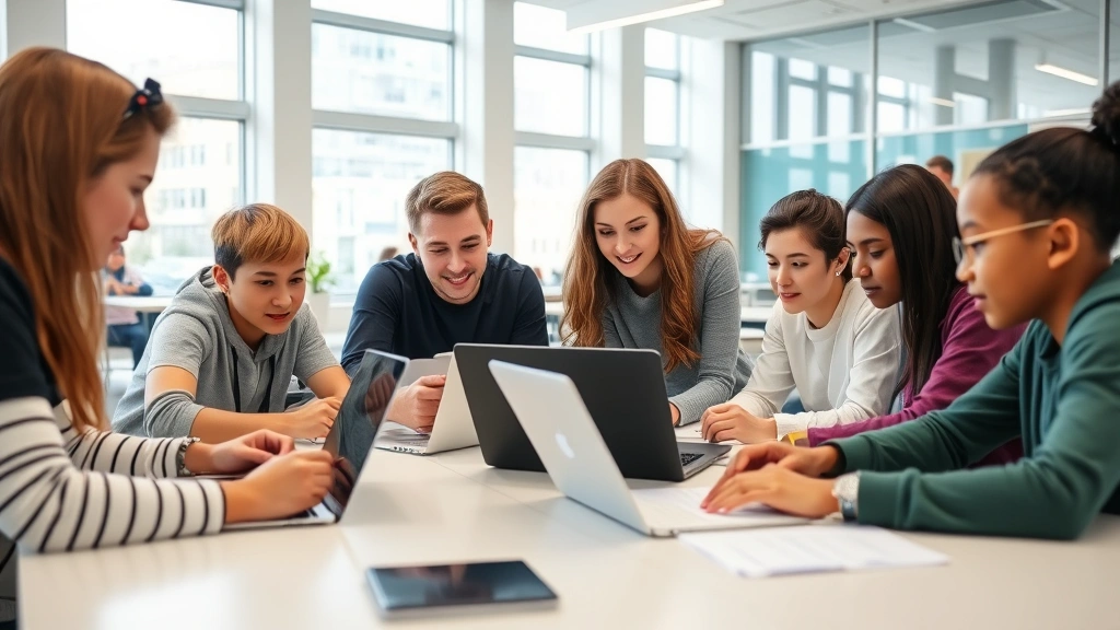 Students collaborating on laptops in a bright, modern learning space with diverse group focused on shared screen