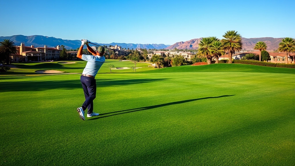 Professional golfer mid-swing on championship-quality fairway with perfectly maintained turf, scenic landscape background, clear blue sky, luxury resort setting visible