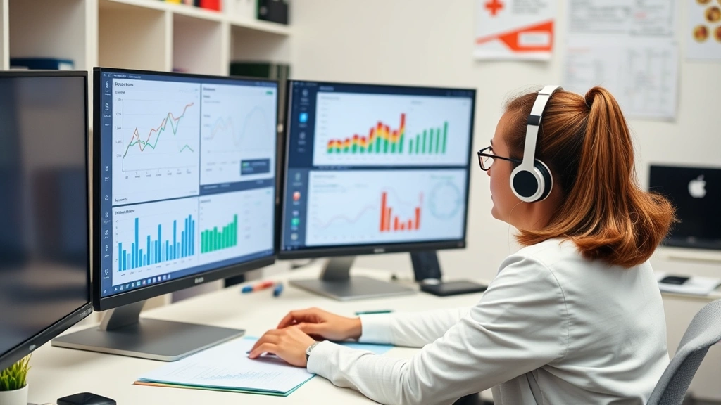 Educator at desk reviewing student data on multiple monitors with charts showing learning progress analytics