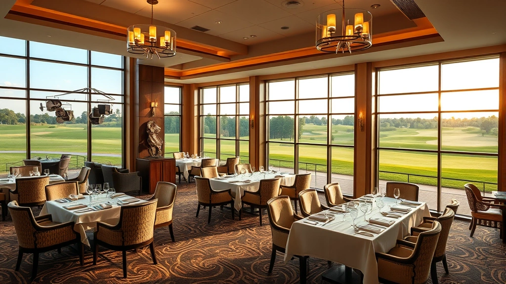 Exclusive golf club interior showing elegant dining room with floor-to-ceiling windows overlooking championship course, premium furnishings, and sophisticated atmosphere
