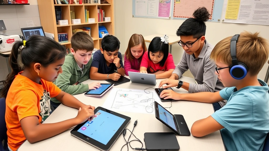 Inclusive classroom with students using various devices and assistive technology working together on project