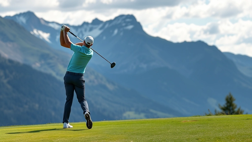 Professional golfer mid-swing on elevated fairway with mountain landscape backdrop, demonstrating proper form and balance