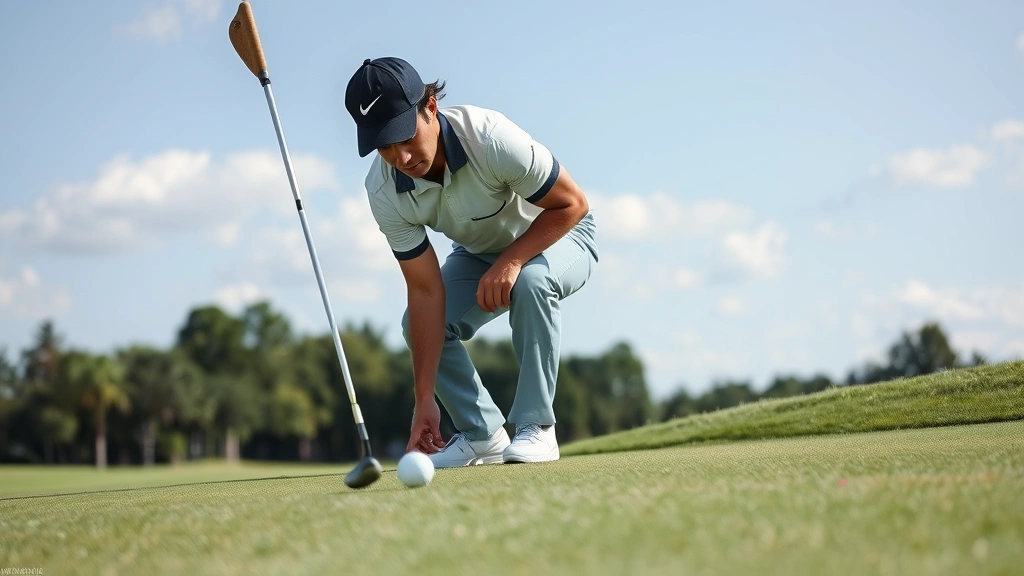 Golfer analyzing green topography and slope before putting, studying the terrain carefully with focused expression