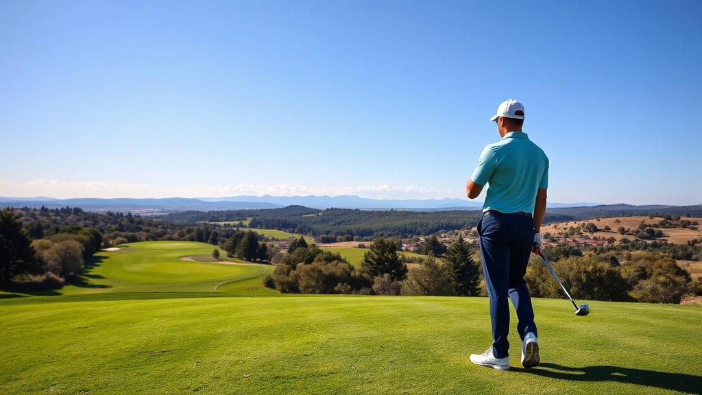 Golfer standing on fairway looking toward green with beautiful landscape scenery, considering shot strategy, holding golf club thoughtfully, clear weather conditions
