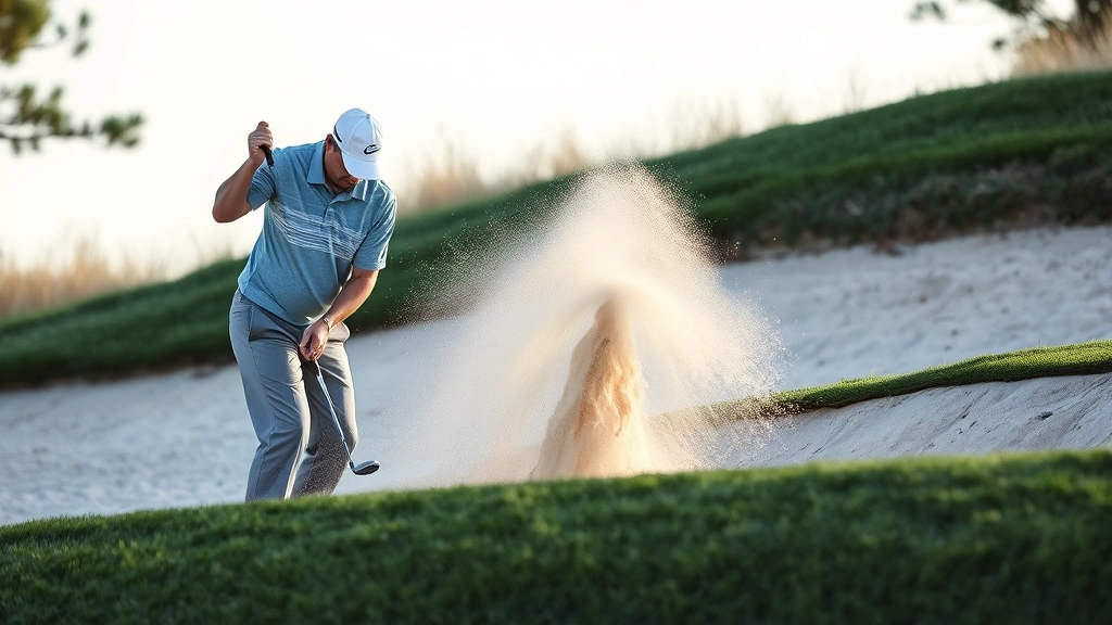 Golfer executing bunker shot with sand spraying, showing proper technique and concentration on challenging lie