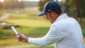 Professional golfer analyzing course layout and fairway strategy during pre-round preparation, studying topography and hazard placement on a championship course