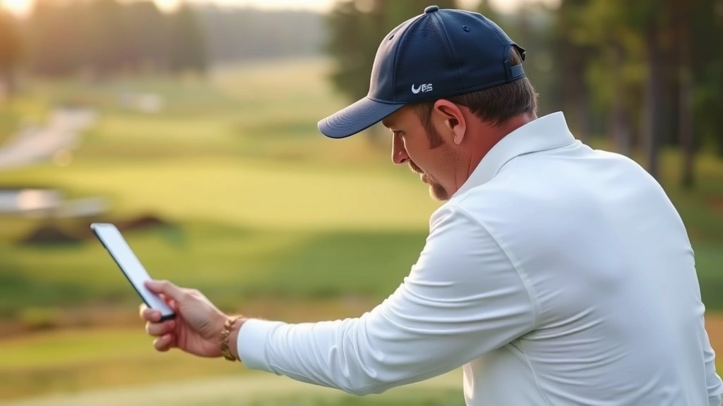Professional golfer analyzing course layout and fairway strategy during pre-round preparation, studying topography and hazard placement on a championship course