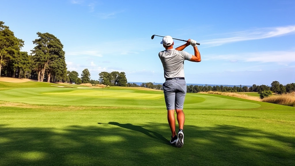 Golfer executing precise iron shot toward green on championship course, demonstrating proper form and concentration with natural course scenery in background