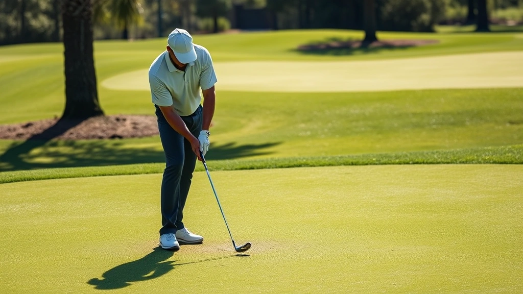 Golfer practicing short game near practice green, working on chipping and pitching with focused intensity and proper technique under natural lighting