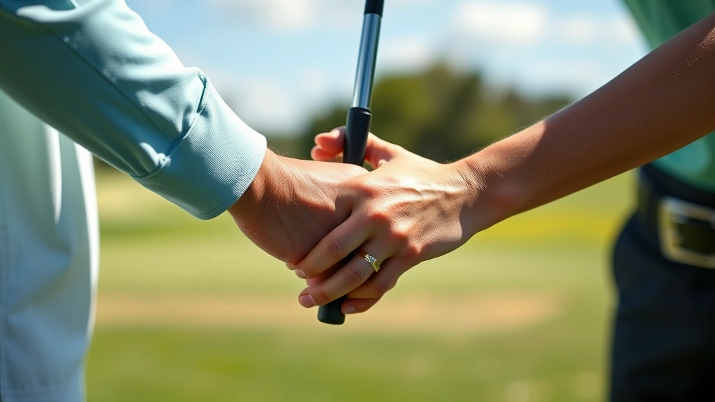 Professional golfer demonstrating proper grip technique on golf club during outdoor lesson, close-up of hands positioning, sunny day at golf course
