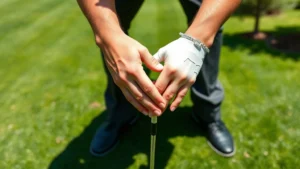 Professional golfer demonstrating proper grip and stance position on a lush green golf course fairway, hands clearly showing overlapping grip technique, natural sunlight creating shadows on the grass