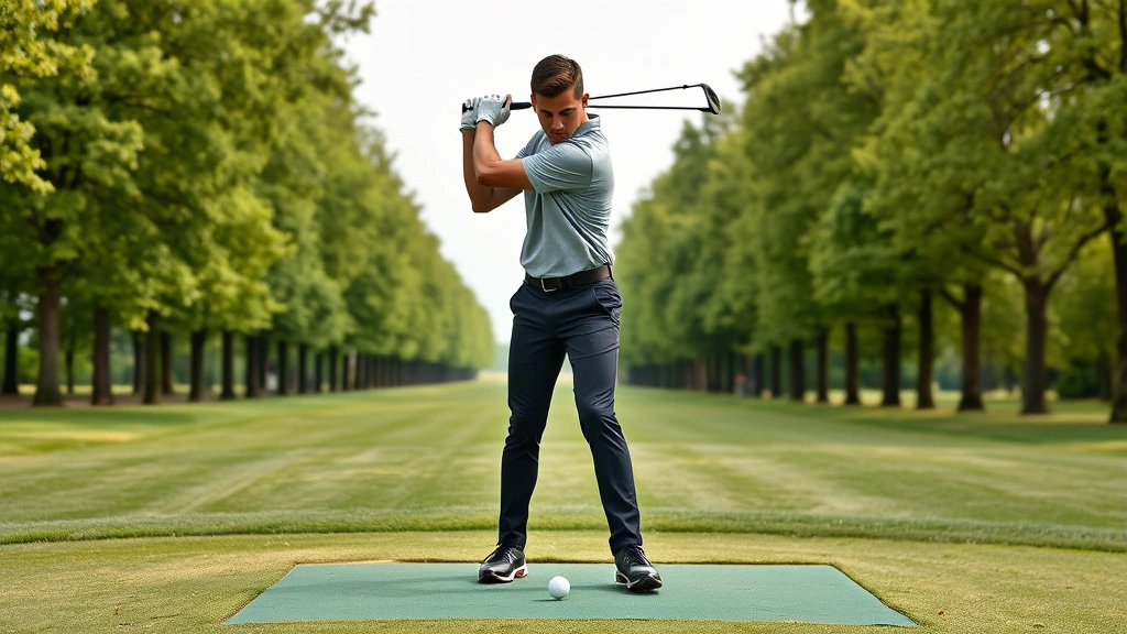 Beginner golfer in athletic stance addressing ball on tee box, full body view showing proper posture and alignment, tree-lined fairway in background