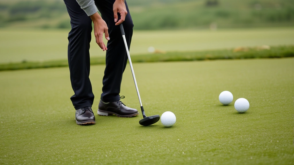 Golfer practicing on a putting green with multiple golf balls positioned at different distances, focusing on putting technique and distance control, morning dew on the green grass