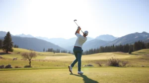 Golfer in bright Colorado sunlight on elevated fairway with Rocky Mountain peaks visible in background, practicing perfect golf swing form with natural landscape