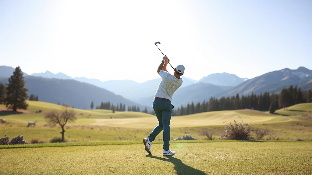 Golfer in bright Colorado sunlight on elevated fairway with Rocky Mountain peaks visible in background, practicing perfect golf swing form with natural landscape