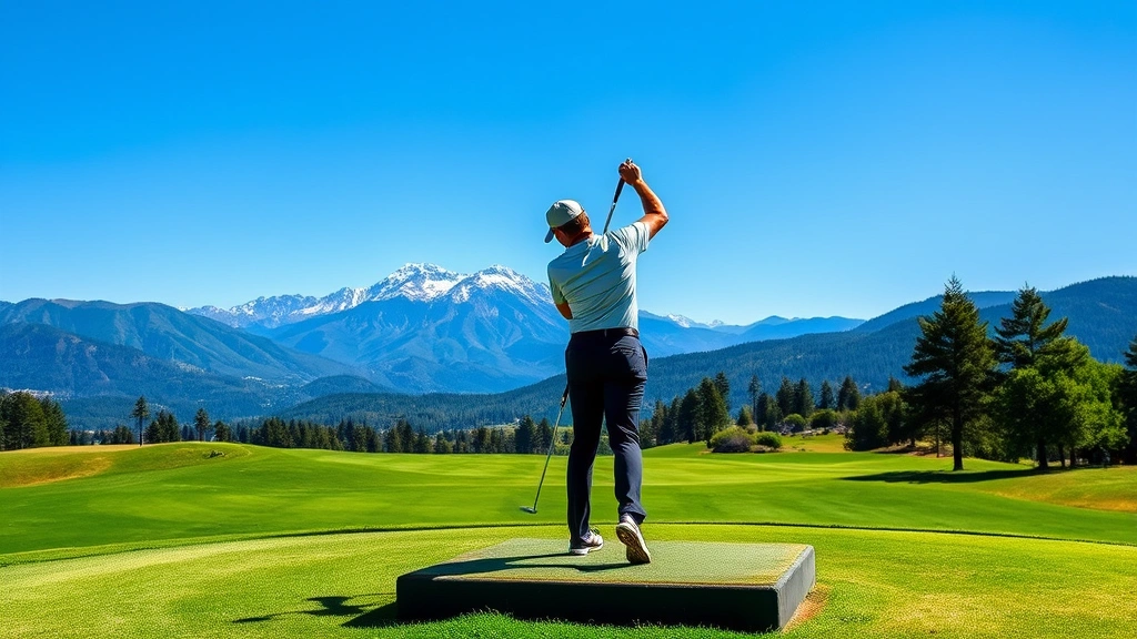 Golfer addressing ball on elevated tee box with mountain landscape background, clear blue sky, lush green fairway stretching into distance, natural terrain features visible