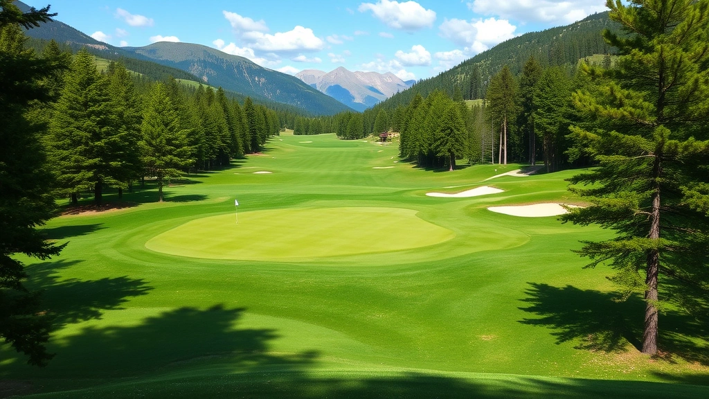 Panoramic view of scenic golf course hole nestled in mountain foothills with pine trees, blue sky, and strategic bunkers, no players visible in frame