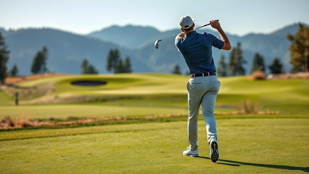 Professional golfer executing iron shot from fairway with focus on form, elevated green in background with bunkers, mountain scenery, afternoon sunlight casting shadows
