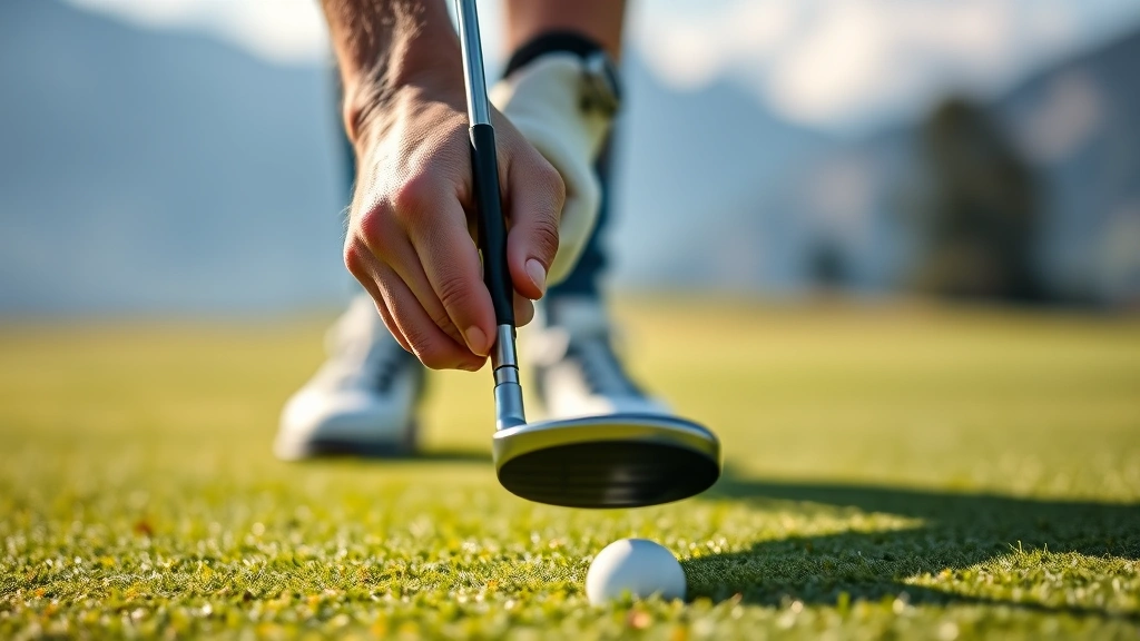 Close-up of golfer's hands gripping putter on pristine green with mountain vista blurred in background, demonstrating proper putting technique and concentration