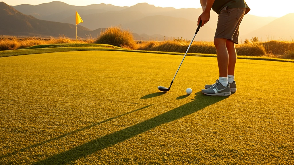 Golfer preparing putt on undulating green with natural grass surroundings, bent grass green surface visible, mountain foothills in background, golden hour lighting