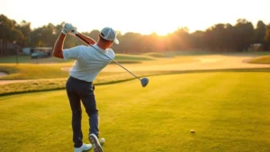 Professional golfer demonstrating proper swing technique on manicured fairway with morning sunlight, practicing at driving range with focus and concentration