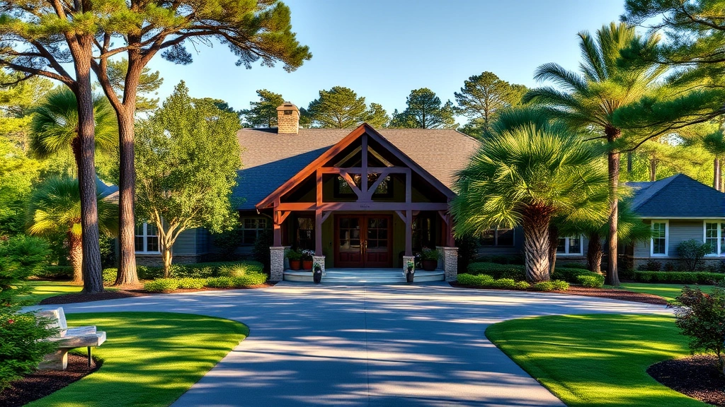 Welcoming golf clubhouse exterior surrounded by mature trees and landscaping, with members walking toward entrance during pleasant weather conditions