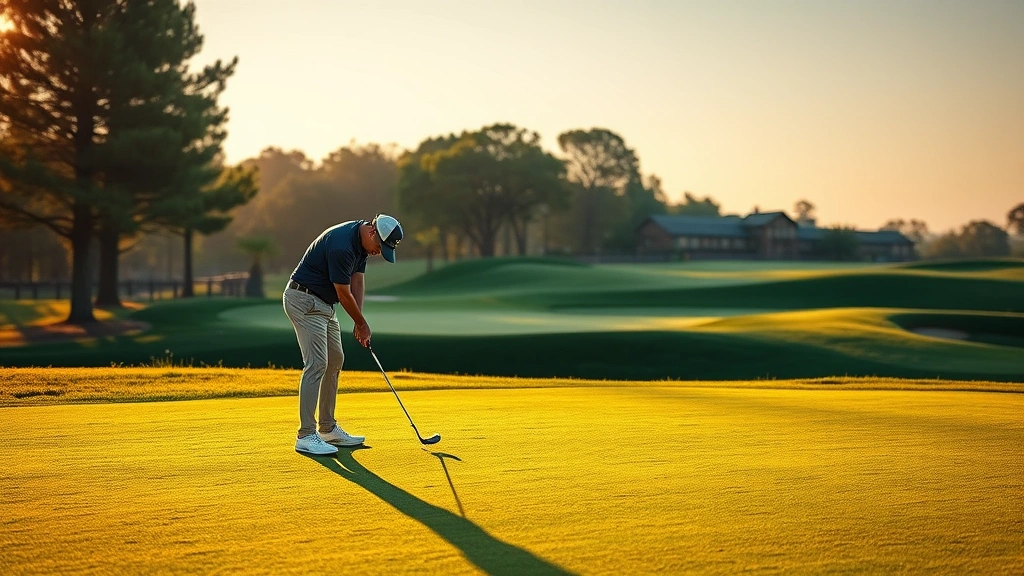 Golfer practicing short game on pristine putting green, concentrating on chip shot with well-maintained course in background during golden hour lighting