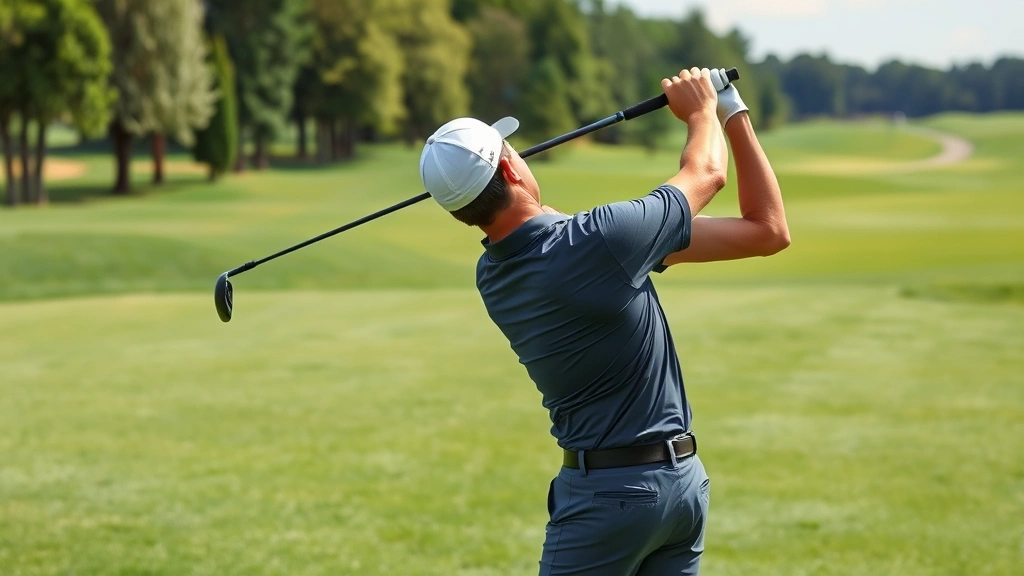 Professional golfer executing a perfect golf swing at a well-maintained public course, showing proper form and technique with lush green fairway in background