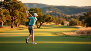 Golfer mid-swing on a scenic Austin Hill Country course with oak trees and elevation changes in background, golden hour lighting, professional form