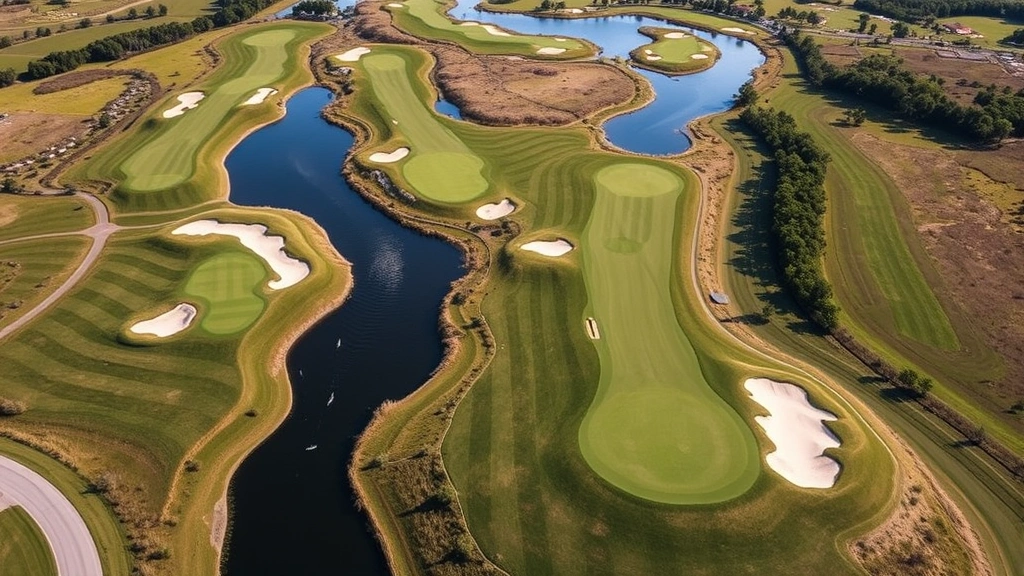 Aerial view of golf course with multiple holes visible, featuring water hazards, sand bunkers, and manicured fairways demonstrating course layout and design