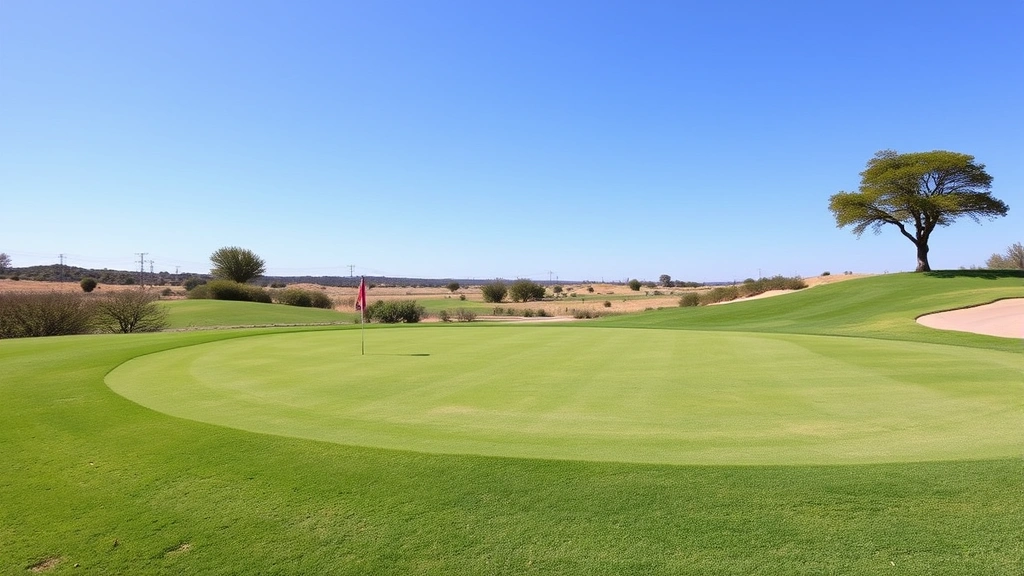 Well-maintained fairway and green with natural Texas landscape, manicured turf quality, undulating terrain, clear blue sky, realistic golf course photography