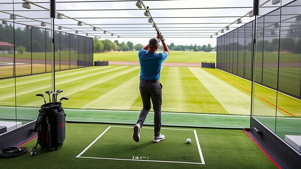 Golfer practicing on driving range with distance markers, focusing on swing mechanics and ball striking consistency at a modern golf facility