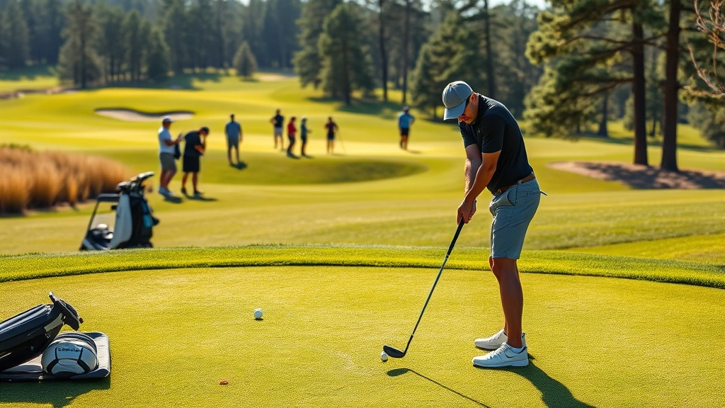 Golfer preparing short game shot near practice area with multiple golfers in background, afternoon sunlight, natural course setting, authentic golf facility scene