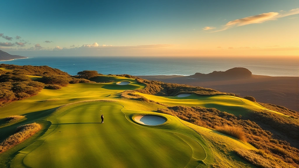 Aerial view of championship golf course with Pacific Ocean, lush green fairways, bunkers, and volcanic landscape visible from elevated perspective during golden morning light with golfers on fairway
