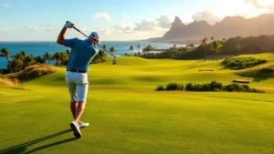 Professional golfer mid-swing on a lush Hawaiian golf course fairway with ocean views in background, morning sunlight, green grass, realistic photography